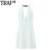 Casual Dresses Cut Out Halter Mini Dress Woman Off Shoulder White Women Buckle Backless Short Summer Beach Party