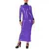 캐주얼 드레스 여성 우아한 바디콘 전체 슬리브 패치 워크 긴 연필 드레스 젖 젖 wetlook PVC High Neck Slim Back 지퍼 지퍼 Maxi Hobble Clubwear