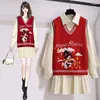 Work Dresses 2024 Korean Fashion Two Piece Dress Sets Women White Chiffon Long Sleeve Shirt Red Knitted Cotton Sweater Vest