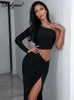 Dulzura Long Sleeve One Shoulder Maxi Dress Cut Out Ruched Slit Bodycon Sexy Prom Party Elegant Evening Y2K Clothes Birthday 240422