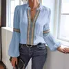 Women's Blouses Spring Lace Patchwork V-Neck Shirt voor modieuze lantaarn mouw losse femme tops 2024