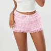 Dames shorts Summer gegolfd frilly solide kleur meerlagige mesh mesh korte broek zoete schattige bloeiers