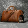 Bags Men Retro Genuine Leather Duffle Bag With Shoes Pocket Full Grain Vintage Crazy Horse Leather Travel Bag 20Inch Weekender Duffel