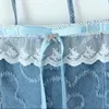 Casual Dresses 2024 Sexy Jacquard Weave Blue Denim Spliced Lace Slash Collar Bow Lacing Up Halter Mini Dress Women Low Waist Pleated Hem