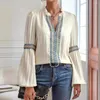 Women's Blouses Spring Lace Patchwork V-Neck Shirt voor modieuze lantaarn mouw losse femme tops 2024