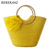 Flower Summer Beach Bag Beal Pole Weave Womens Hand Handbag Bohemian Bags Straw Facs High Carty Top Top Handle 240415