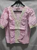 Women's Blouses 2024 Spring Summer Polka Dot Shirt For Women Fashion Beaded Lace Stitching V Neck Pink Blouse Short Puff Sleeve Top Blusas