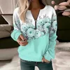 Women's Hoodies Floral Print Sweatshirt V Neck For Women Stylish Zipper Detail Pullover With Long Sleeves Elastic Cuffs