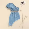 Set di abbigliamento bambine set per bambini estivi abiti in jeans di colore solido a manica corta top a spalla tagliata abiti casual abito casual