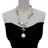 Halsband Yygem Blue Murano Glass Freshwater Cultured White Keshi Pearl Gold Filled Chain Halsband 21 "