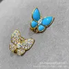 Designer charm Gold High Edition Van Butterfly Earrings for Women Asymmetric Blue Enamel Full Diamond with Premium Four Leaf Grass jewelry