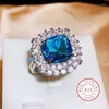 Anelli a grappolo esagerato elegante cuscino zirconia cubica blu 925 anello in argento sterling per donna a colori anniversario di matrimonio femmina