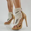 Sandaler Ladies Party Dress Women High Heels Stiletto Luxury Pearls Rhinestone Mule Shoes
