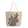 Shoulder Bags National Style Canvas Handbags High Capacity Bohemian Cloth Bag Embroidered Peacock Women's Shopping 2024