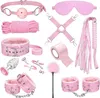 12 piezas de cama Sistema de esclavitud sexual de la cama Kit de restricciones de cama de cuero Juego de puños de cuero para pareja femenina (rosa)