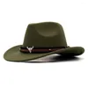 Bérets Roll Brim Western Cowboy Chapeau de soleil Cap de soleil Style de la tête et de la tête de tête Tibétain Top tibétain avec un groupe de vache Felt Cowgirl Women