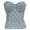 Women Denim Tube Top Corset Crop Top Diamond Beaded Strapless Vest Lace Up Zipper Bustier Bra Night Club Party Tank Top Female 240422