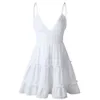 Basic Casual Dresses Women White Lace Slip Ruffles Sundress Summer Sexy Backless Sleeveless Strap Lace Up Pleated Mini Party Dress Vestidos 2023 240419