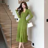 Casual Dresses Autumn Women Sweater Dress Fashion Sticked Single Breasted Midi Vintage BodyCon Elegant Ruffles Party Q739