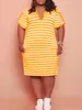 LW Plus -size jurken V Hals Gestreepte zakontwerp Jurk Zomer Korte Mouw Midi Dress Vestido Loose Casual Women Clothing 240419