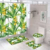 Shower Curtains 4Pcs Curtain Sets Floral Fruit Flowers Leaves Vintage Yellow Non-Slip Rug Toilet Lid Cover Bath Mat Bathroom Decor