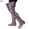 Botas sukeia feita artesanal feminina coxa de inverno rachadura patente com salto redondo dedo dedo belos sapatos de banquete roxo Ladies Tamanho 5-20