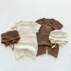 In de zomer kinderen babymeisjes jongens korte mouw wafel patch beer baby born jumpsuits katoen romper cadeau hoed met oor 240411