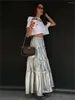 Skirts 2024 Casual Spring Autumn Women Punk Silvery Metallic Skirt Solid Color Elastic High Waist A-line Streetwear Party Chic