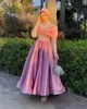 Vintage Middle East Prom Kleider hoher Nacken Langarm Biege Krawatte Knöchel Länge Muslim Abend Party Kleid Fliege Satin Robe de Soiree