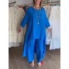 Calça de duas peças feminina linho traje casual solta 2 peça conjunto de cor sólida coloração comprida algodão redondo pescoço de pescoço irregular de pernas largas combinando conjuntos