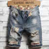 Heren shorts Summer katoen gescheurd gat denim dunne casual rechte retro motorrijder knie lengte korte jeans mannelijke streetwear plus maat