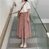 Vintage blommig tryck aline veckade långa kjolar sommar kvinnor 2023 koreansk kjol streetwear dragstring elastisk midja midi 240418