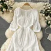 Casual Dresses Summer Long White Dress For Women Chic Floral Lace Deep V-Neck Hollow Ruched Wave Cut Bohemian Cotton In 2024