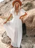 Seksowne głębokie rękawie z masłem Vneck sam siebie pasy z przodu otwartego letnie białe kobiety na plażowe sukienki maxi Q1208 240422
