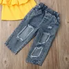 Kleidungssets 2-6 Jahre Fashion Kids Baby Girl von Schultertimen zerrissene Jeans Jeans Denim Pant 3PCS Kleidung