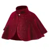 Jackor Kids Girls Fairy Cape Coat Shiny Red Velvet Stand Collar Smooth Foder Pearl Button Bolero Dress Shawl For Party Evening