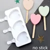 Bakvormen 1 stc/2pcs-hartvorm Popsicle mal 3 holtes Lollipop Food Grade Siliconen IJsvormen Herbruikbare liefdescrème