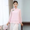 Etnik Giyim 2024 Çin Vintage Qipao Bluz Kadın Ulusal Çiçek Nakış Şifon Geleneksel Hizmet Hanfu Gömlek