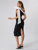 Casual Dresses Sexy Women Black White Bow One Shoulder Tie Midi Bandage Dress Diagonal Collar Boycon Celebrity Cocktail Party