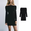 Casual Dresses Off Shoulder Short For Women 2024 Long Sleeve Mini Corset Dress Woman Folds Sexy Bodycon Party Dresse