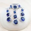 Armbanden rond blauwe zirkoon bruids sieraden sets 925 sterling zilveren vrouwen armbanden oorbellen ringen hanger bruiloft ketting set