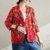 Frauenanzüge Ankunft Spring Arts Style Frauen drei Viertelhülsen gekerbter Kragen Blumener Pring Single Breace Cotton Leinen Blazer S02