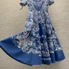 Vestido feminino algodão azul floral estampado lapel pesco