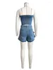 Women's Tracksuits Streetwear Denim Two Piece Sets For Women Birthday Outfit Club Party Button-up Strapless Crop Top And Irregular Shorts