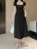 Casual Dresses Insta midja veckad smal ser a-linje klänning kvinnors höga elegant hepburn stil fyrkantig krage chiffong