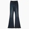 Jeans femininos Trendy Retro de cintura alta Tlassel Design Slimming Slimmel Floor Map Flado para Mulheres
