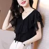 Ruffle Elegant Chic Sweet Lace Up Black White Ice Silk Knitwear Women Korean Fashion V-neck Slim Blouses Tops Clothing 240419