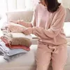 Vêtements de nuit pour femmes 2 pcs / ensembles de pyjamas pour femmes ensembles de couleur solide lâche manches longues rond coule endormi aux vêtements de maison décontractés décontractés