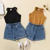 Clothing Sets Kids Girls Summer Clothes Outfits Solid Color Sleeveless Tank Tops And Stretch Casual Denim Shorts Set