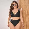 Fat Po Plus Size Solid Bikini Sexy Deep V Zipper Gathering High Waist Swimsuit for Women